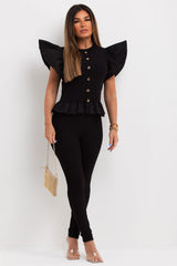 frill ruffle sleeve peplum hem co ord with gold buttons