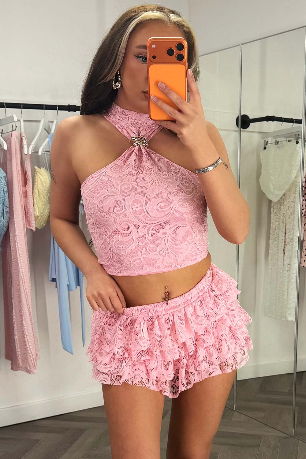 ruffle frilly skort and gold buckle halter neck crop top two piece co ord set festival summer holiday night outfit styledup uk