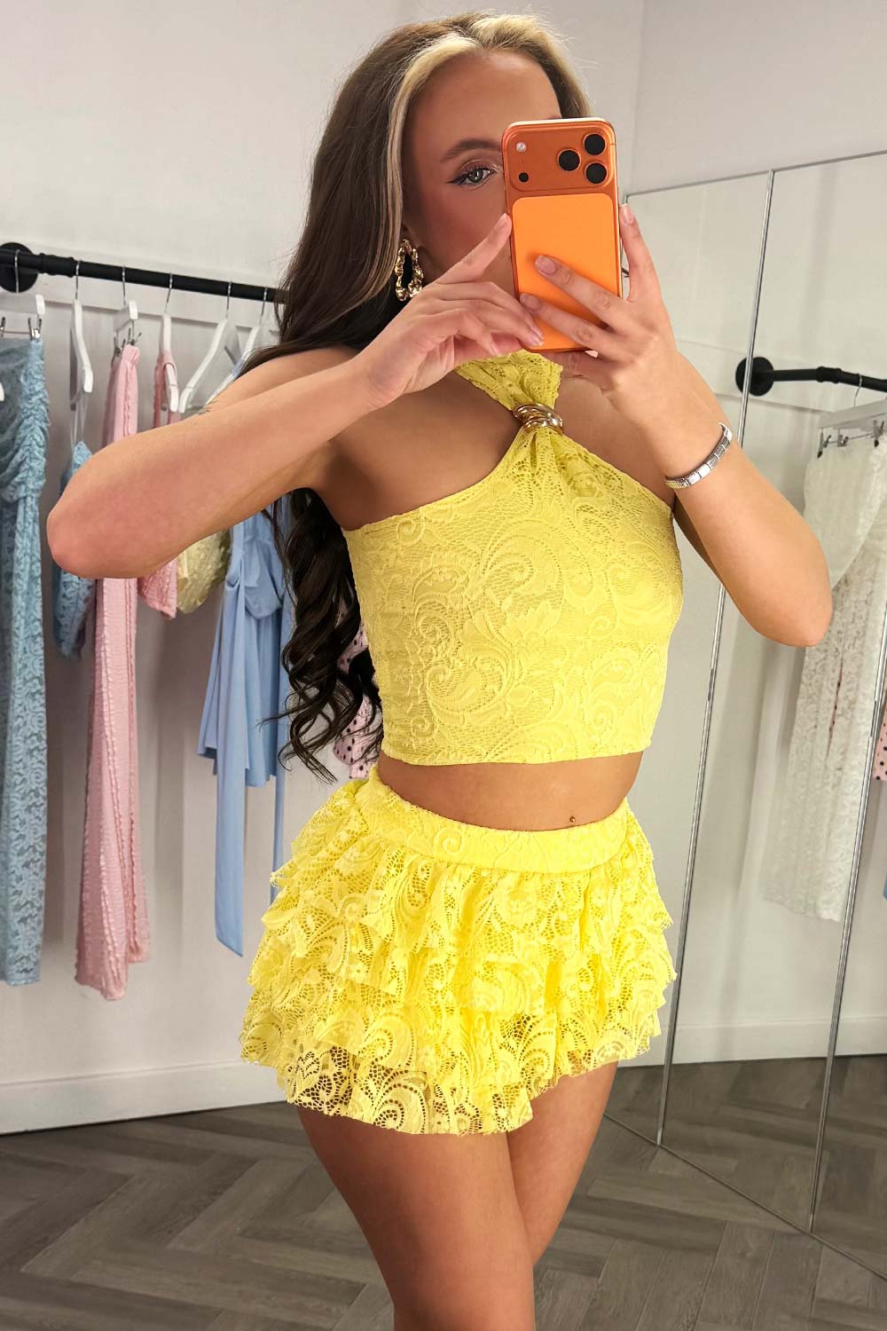 yellow lace mini ruffle frilly skirt and lace top co ord festival outfit uk
