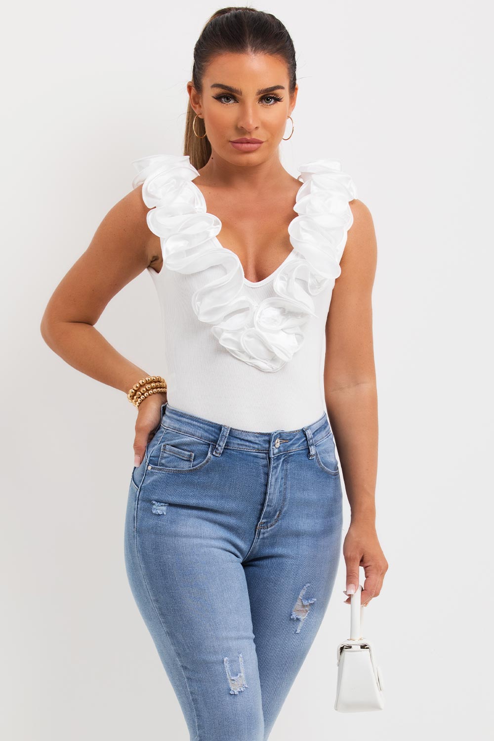 white ribbed going out bodysuit top 