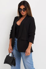 womens black blazer with ruched sleeves