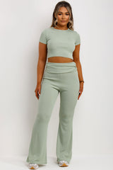 flared trousers with fold over detail and crop top co order set