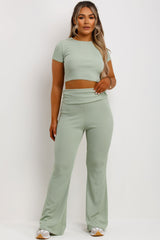 flared ribbed trousers with fold detail and crop top two piece matching set