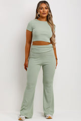 skinny flared trousers with fold over detail and crop top co order set