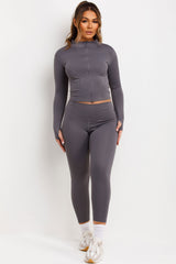 womens charcoal grey zip up sports jacket and seamless leggings two piece co ord set skims uk