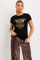 diamante tiger black t shirt with amour slogan womens