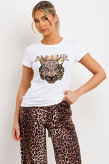 diamante amour tiger t shirt white womens casual top with bling