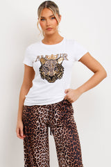 womens white t shirt with amour tiger detail