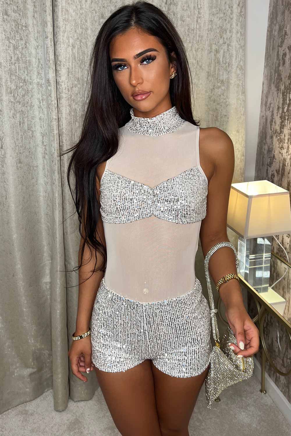 sparkly sequin mini shorts and mesh sequin bodysuit top co ord 2 piece matching outfit set styledup uk