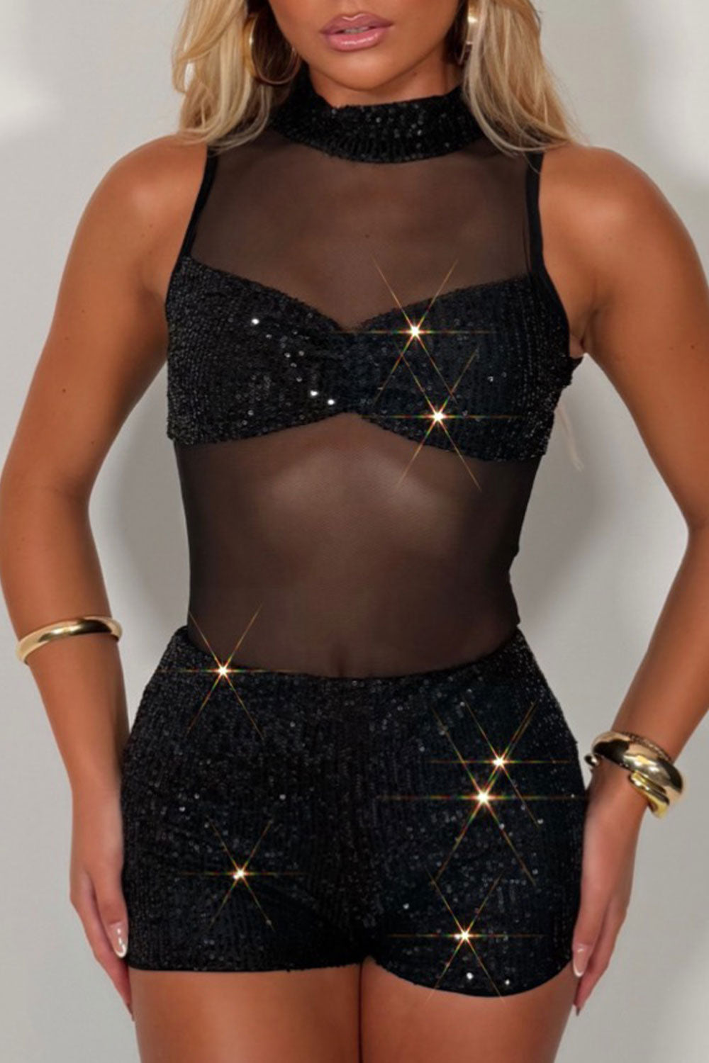 sparkly sequin mini shorts and bodysuit top two piece matching outfit styledup uk