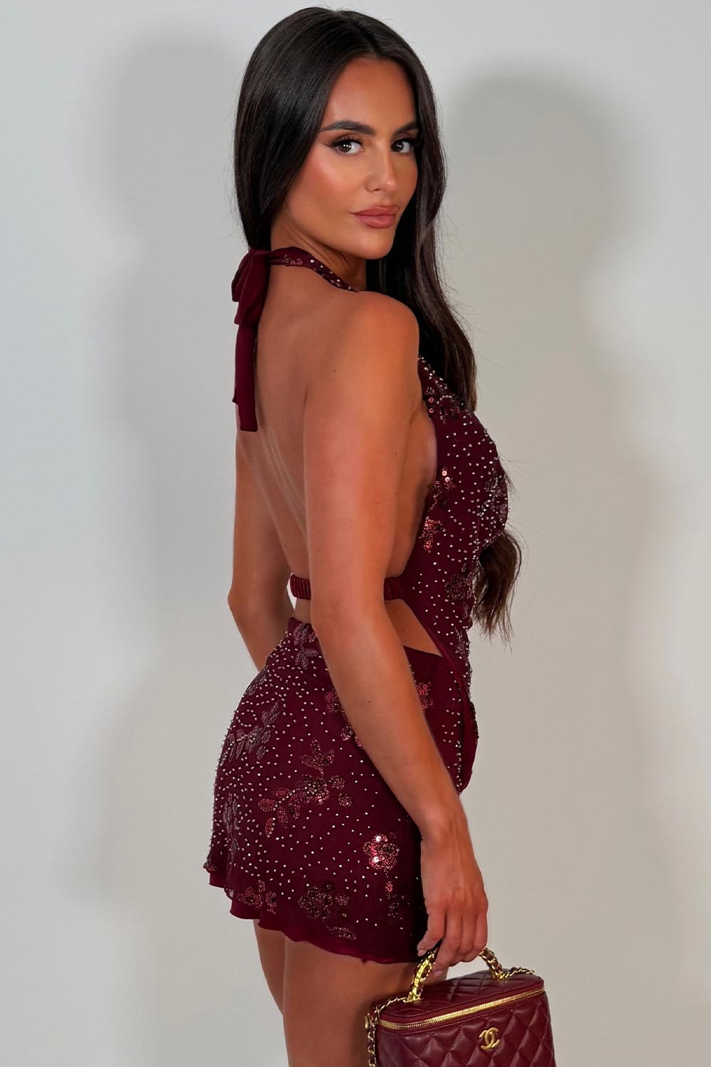 sequin diamante cowl halter neck backless top and sequin mini skirt two piece set festival rave outfit styledup christmas party going out outfit