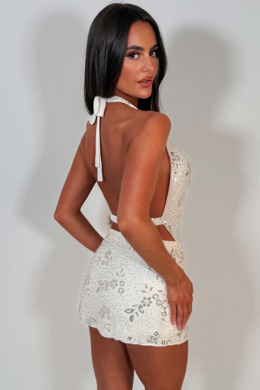diamante rhinestone sequin skirt and backless halter cowl neck top two piece co ord set styledup christmas party outfit 