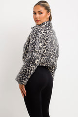 womens sequin leopard print puffer jacket cropped