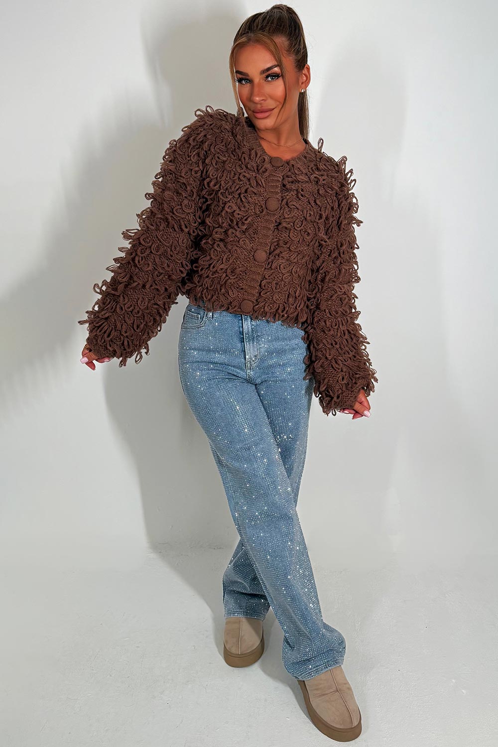 womens knitted cardigan jumper shaggy loop fringes christmas market outfit 
