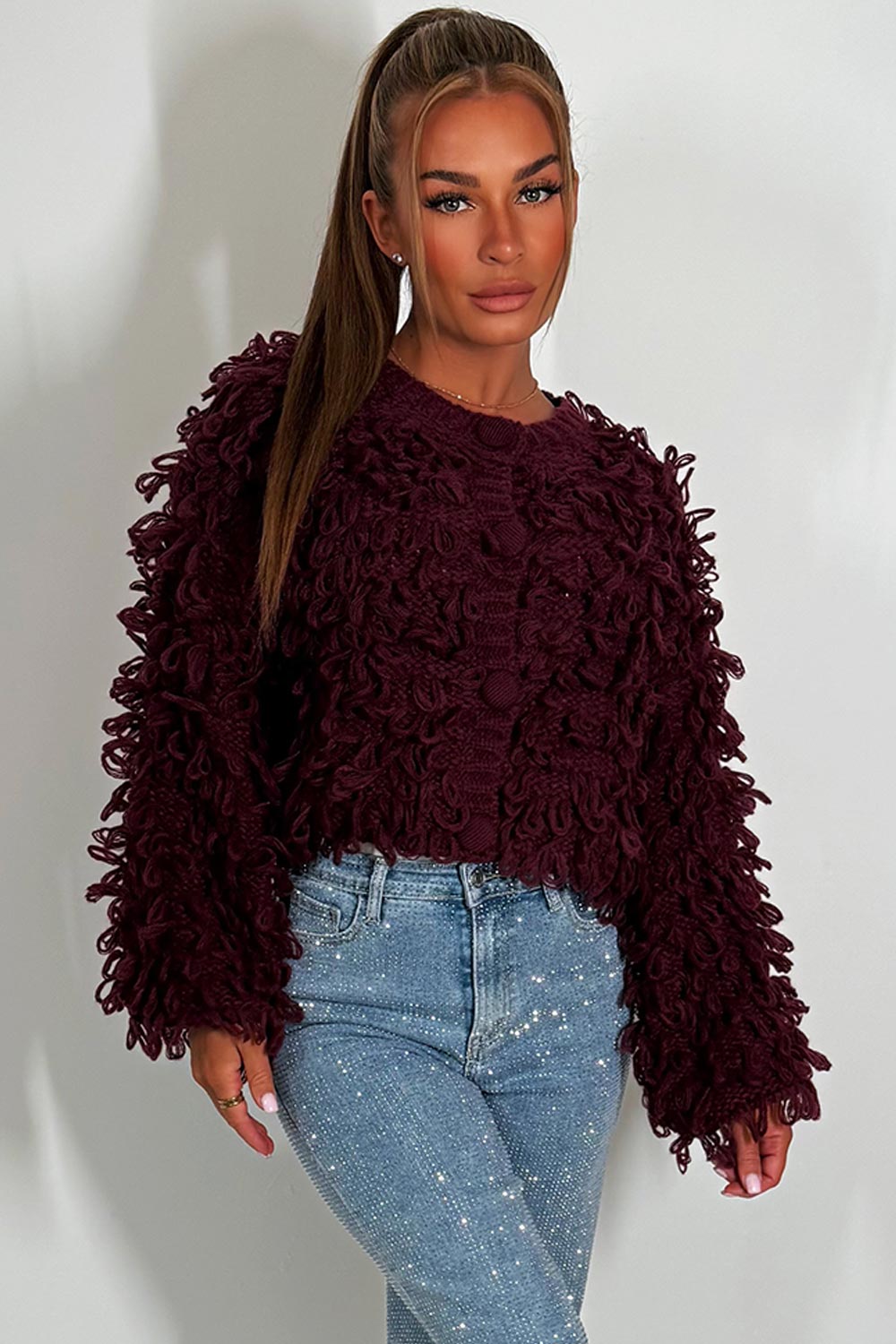 womens knitted cardigan shaggy loop fringes christmas market outfit