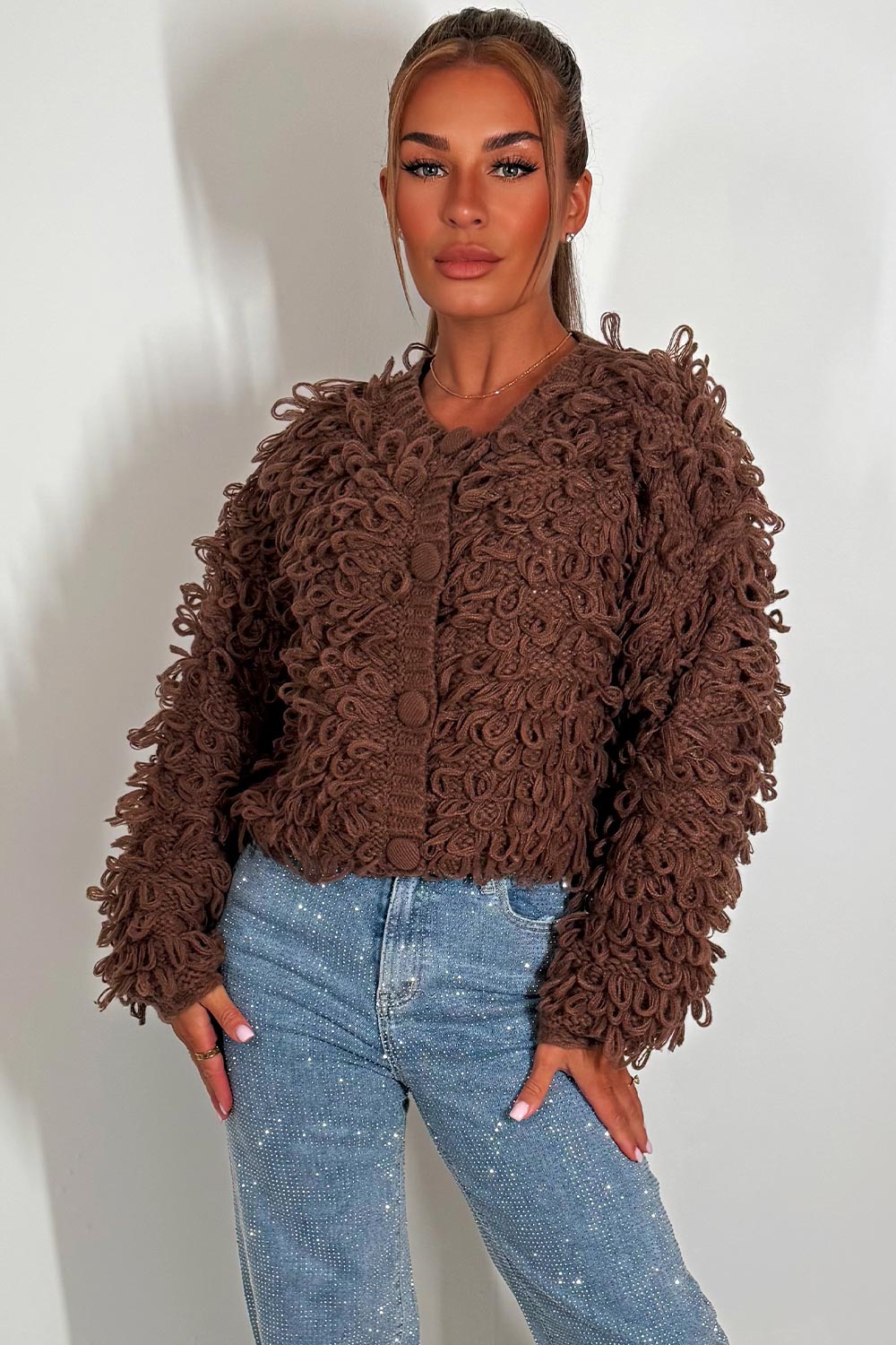 womens knitted cardigan jumper with shaggy loop fringes detail 