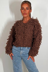 womens knitted cardigan jumper with shaggy loop fringes detail 