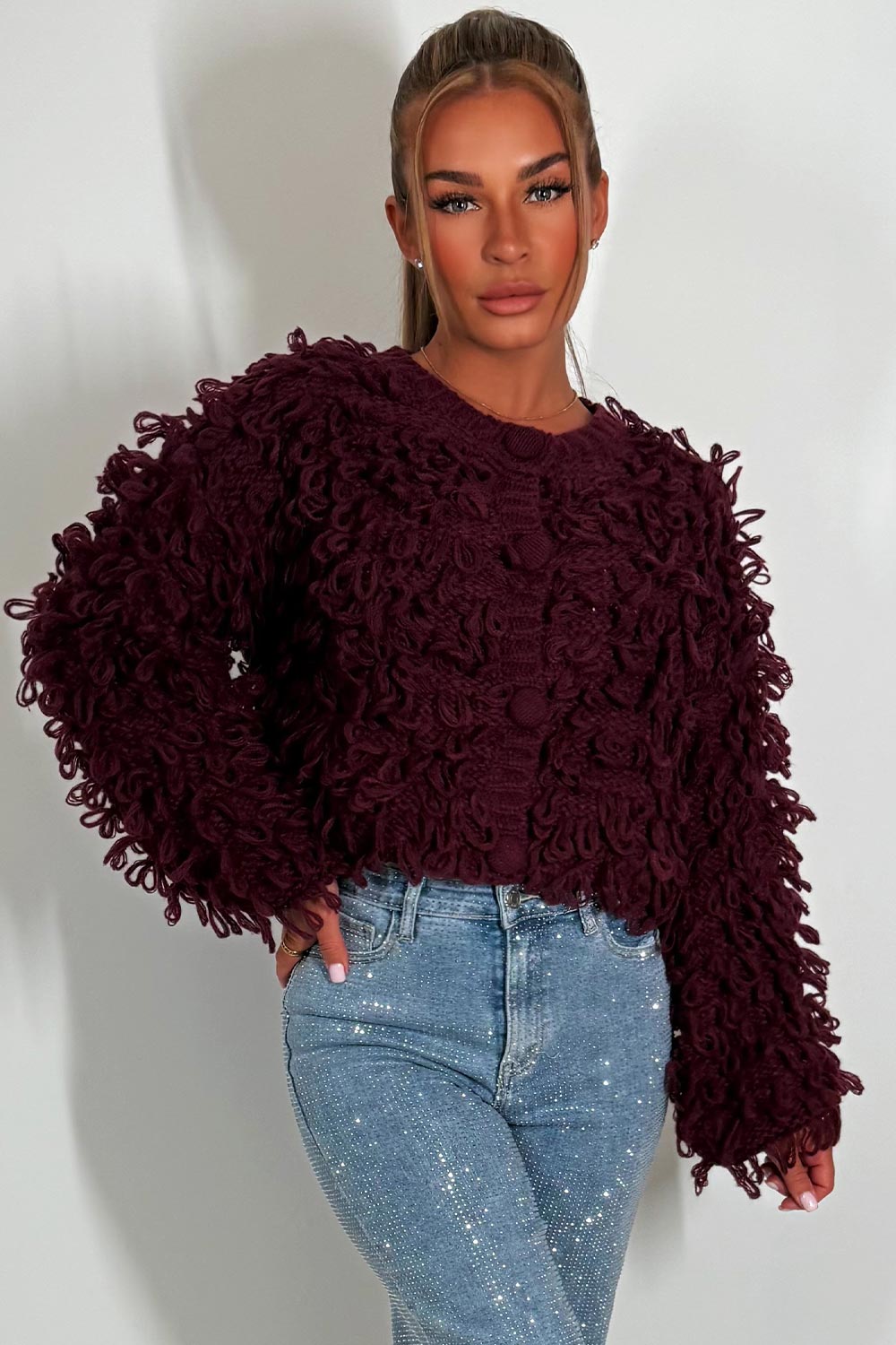 womens knitted cardigan jumper with shaggy loop fringes detail 
