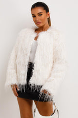 womens white faux fur shaggy jacket winter outfit