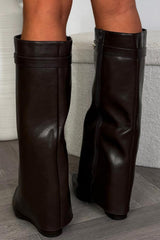 womens brown knee high shark boots in faux leather christmas party night out outfit