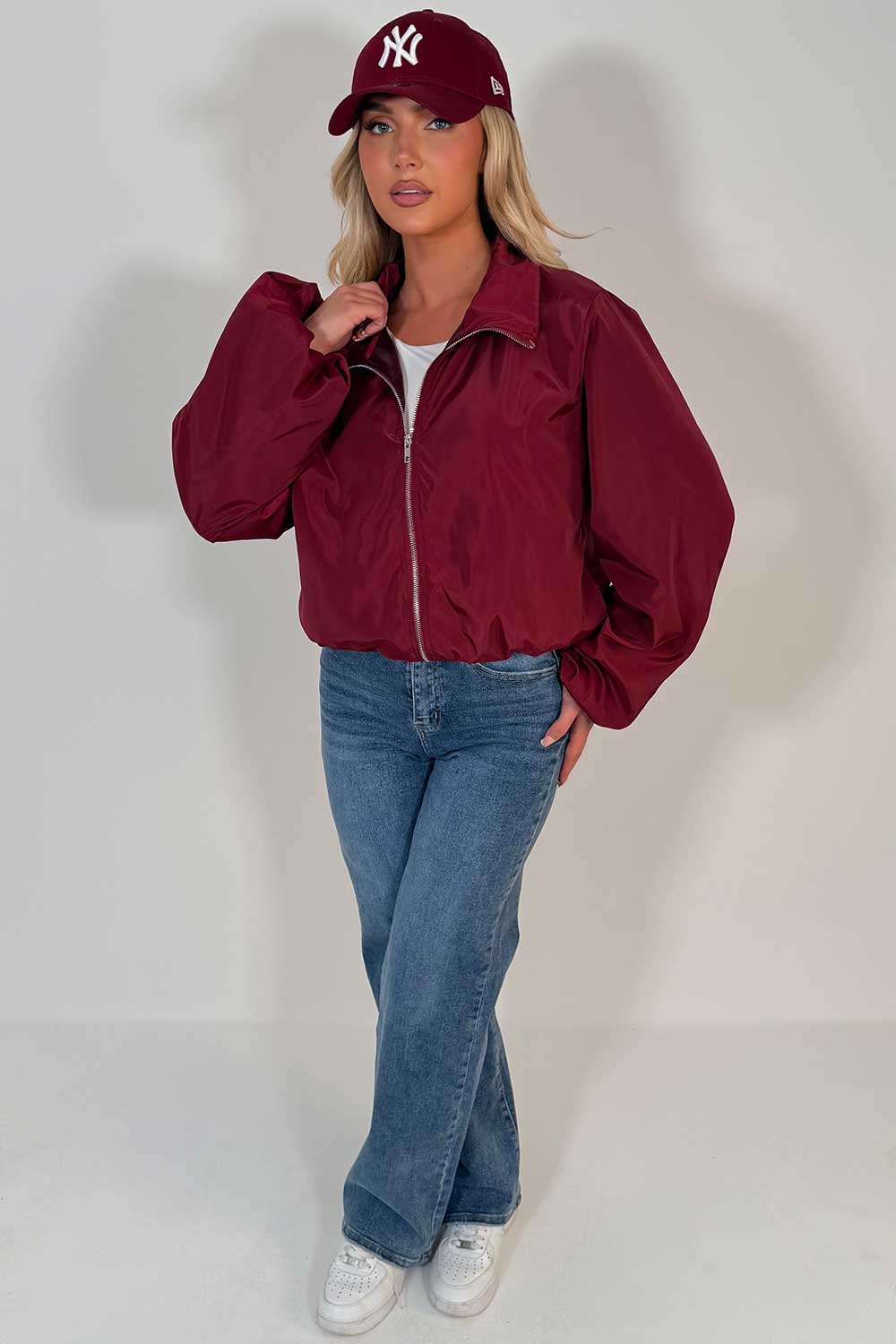 womens funnel neck burgundy festival jacket light weight 