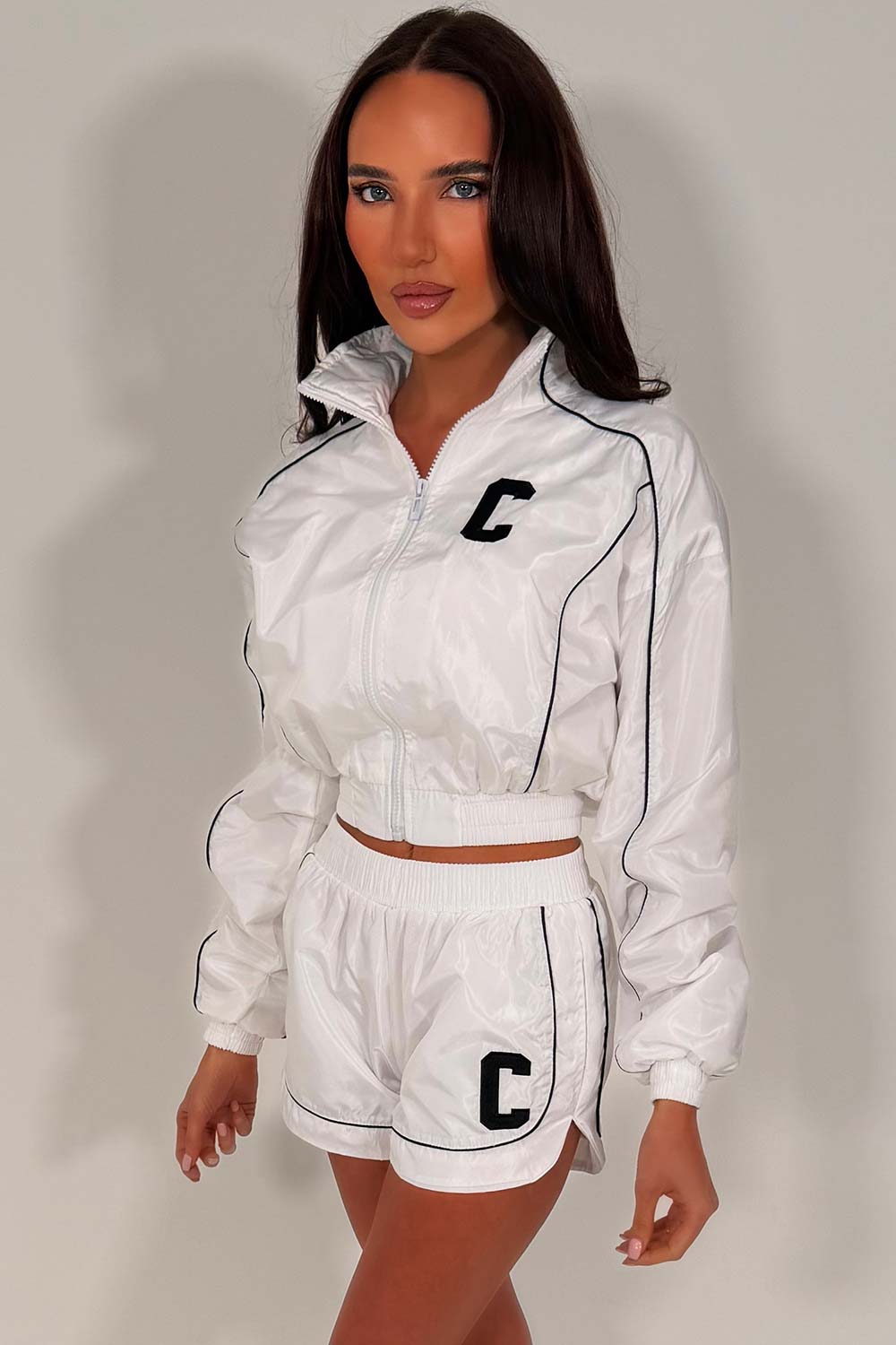 white crop funnel neck jacket and shorts summer holiday festival outfit styledup uk
