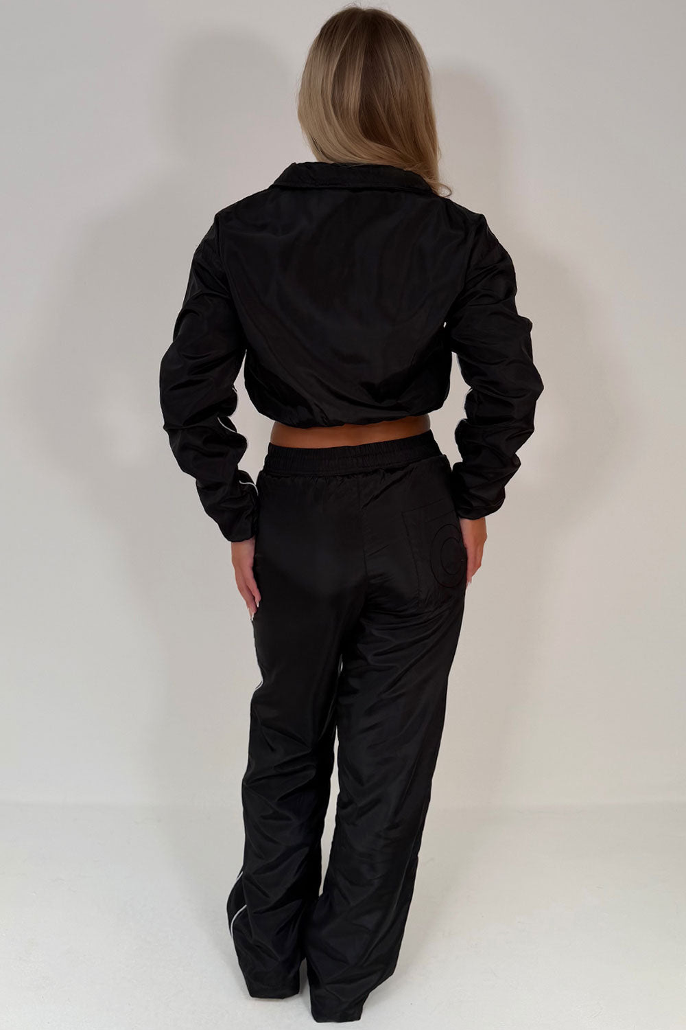 womens crop jacket and track trousers two piece co ord set beige styledup