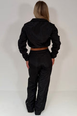 womens crop jacket and track trousers two piece co ord set beige styledup
