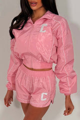 pink crop funnel neck jacket and shorts summer holiday festival outfit styledup uk