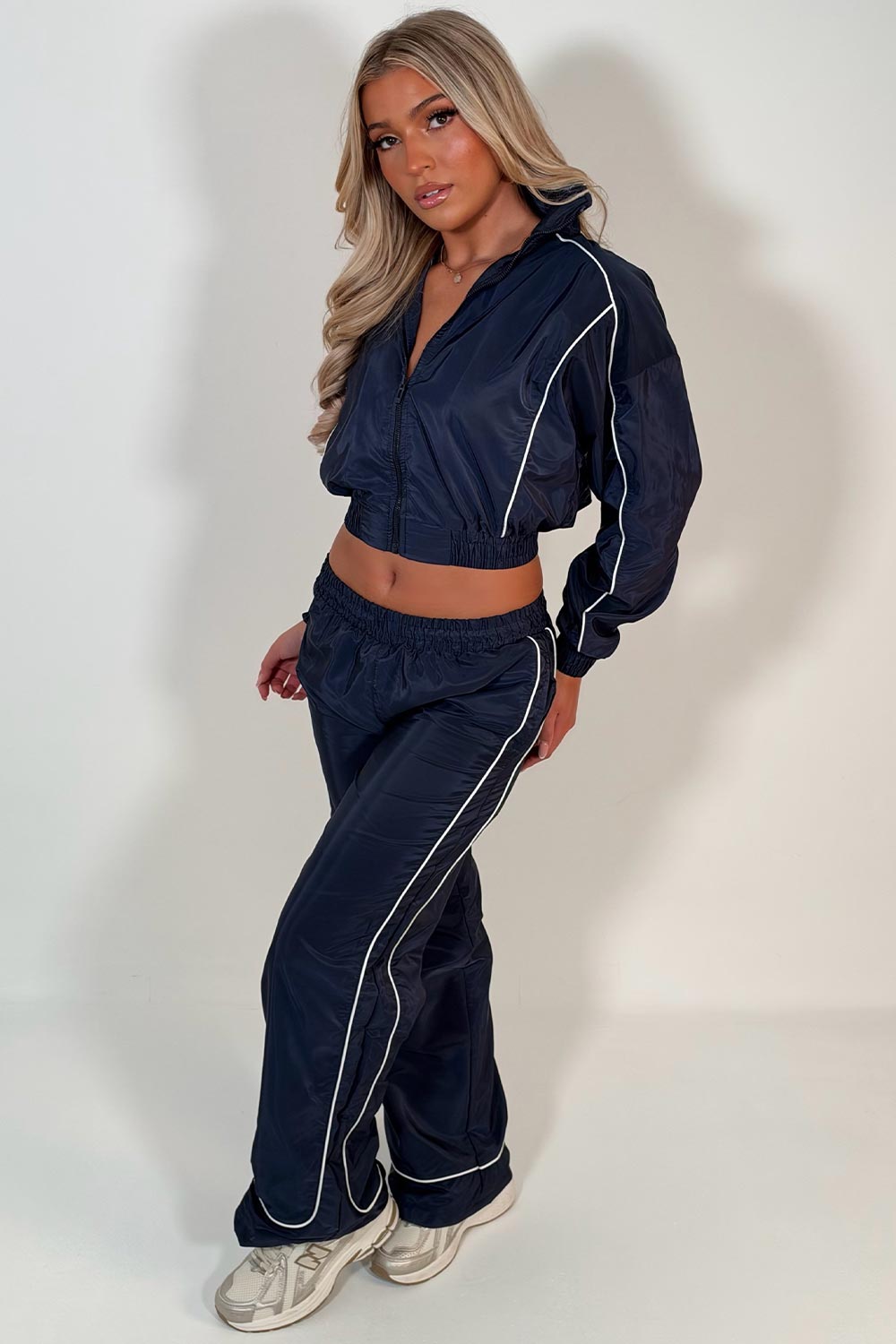 womens wide leg trousers and funnel neck crop jacket  tracksuit airport holiday festival outfit styledup uk