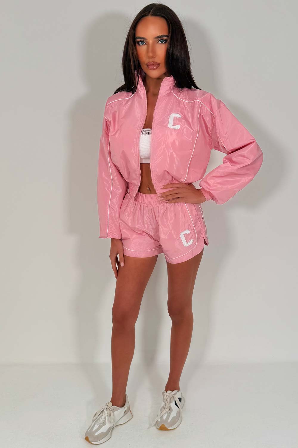 womens crop jacket and shorts two piece co ord set pink styledup