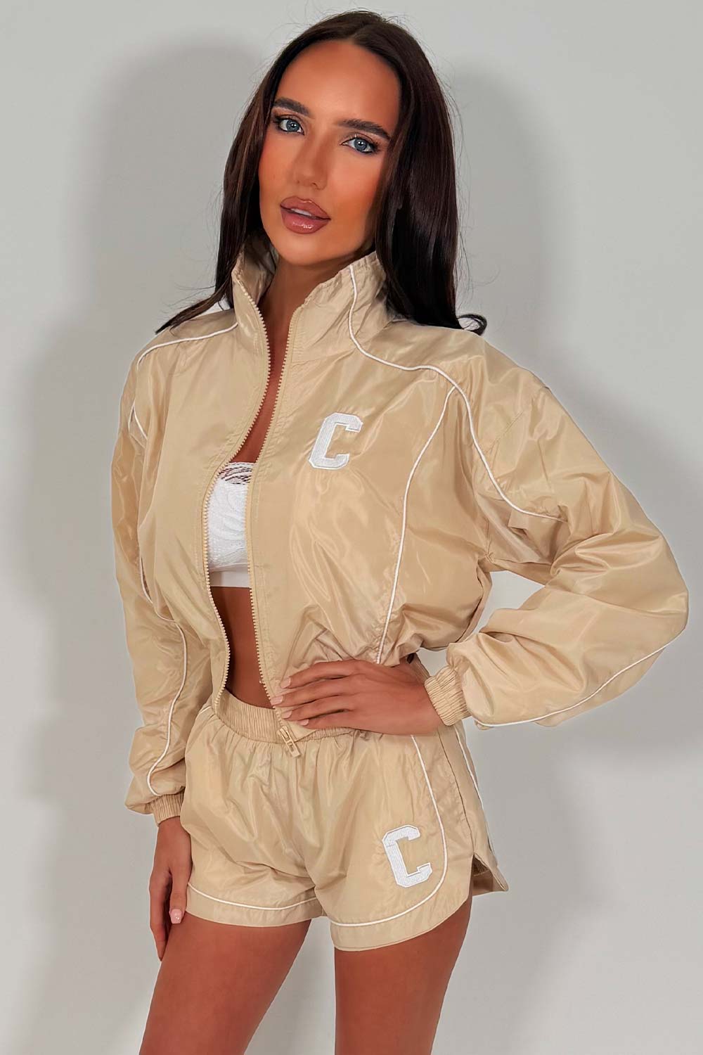 womens crop jacket and shorts two piece summer tracksuit co ord set pink styledup