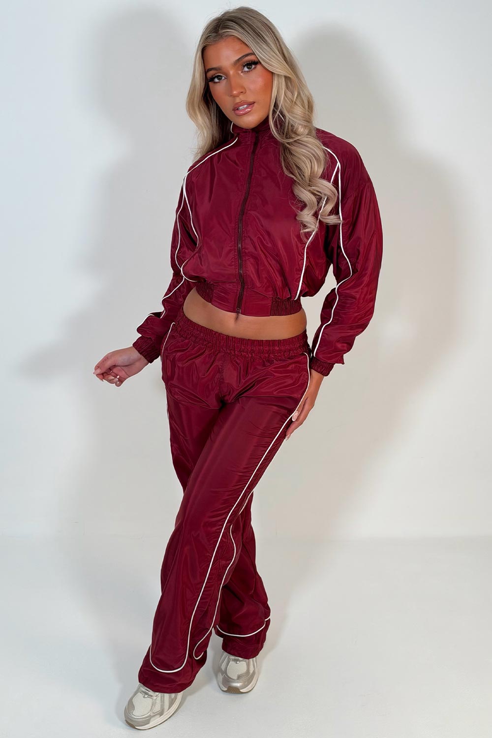 womens crop funnel neck jacket and wide leg trousers two piece co ord set burgundy styledup
