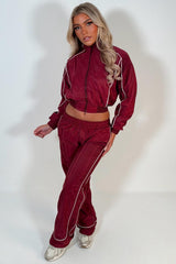 womens crop funnel neck jacket and wide leg trousers two piece co ord set burgundy styledup