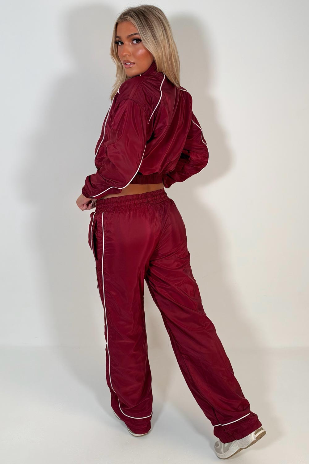 womens crop funnel neck jacket and trousers two piece tracksuit co ord set burgundy styledup