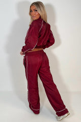 womens crop funnel neck jacket and trousers two piece tracksuit co ord set burgundy styledup