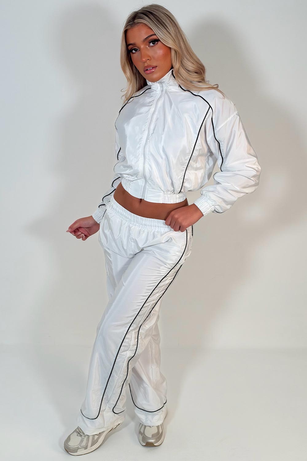 womens crop funnel neck jacket and trousers two piece tracksuit co ord set white styledup