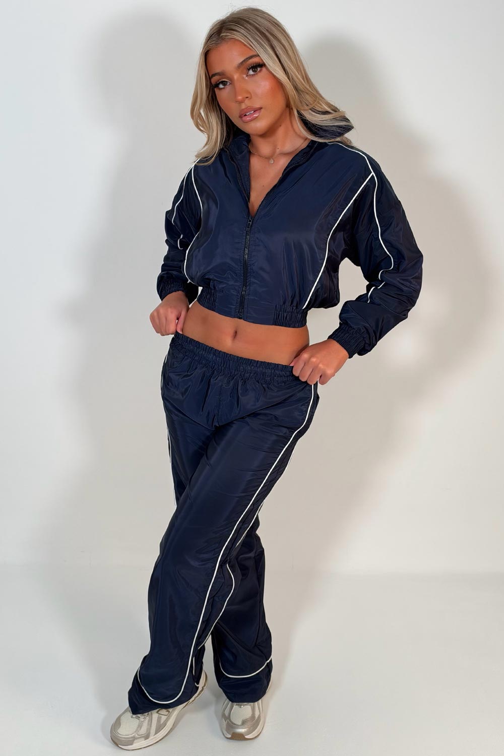womens crop funnel neck jacket and wide leg trousers two piece co ord set navy styledup