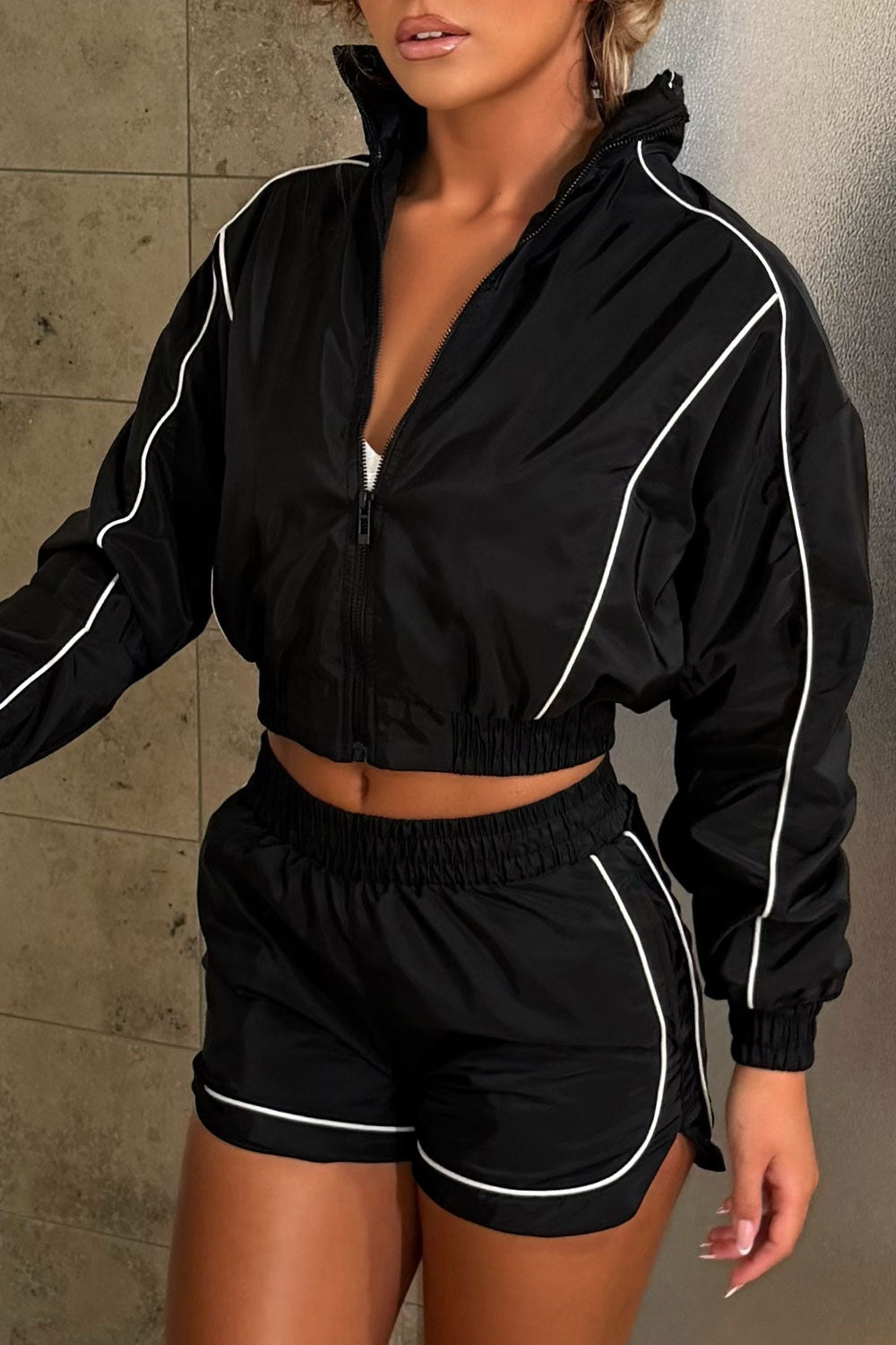 womens crop jacket and shorts two piece co ord set black styledup