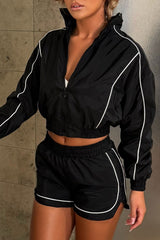 womens crop jacket and shorts two piece co ord set black styledup