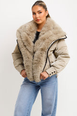 faux fur trim and collar puffer padded coat beige