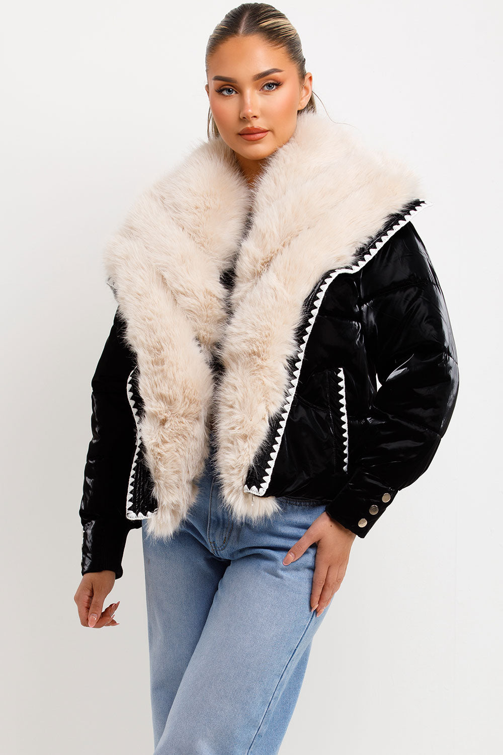 faux fur collar and trim puffer jacket womens outerwear