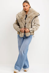 faux fur collar and trim padded puffer coat