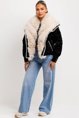 faux fur puffer coat with stitching embroidery detail