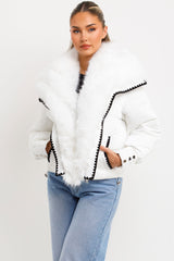 faux fur trim and collar puffer padded coat white