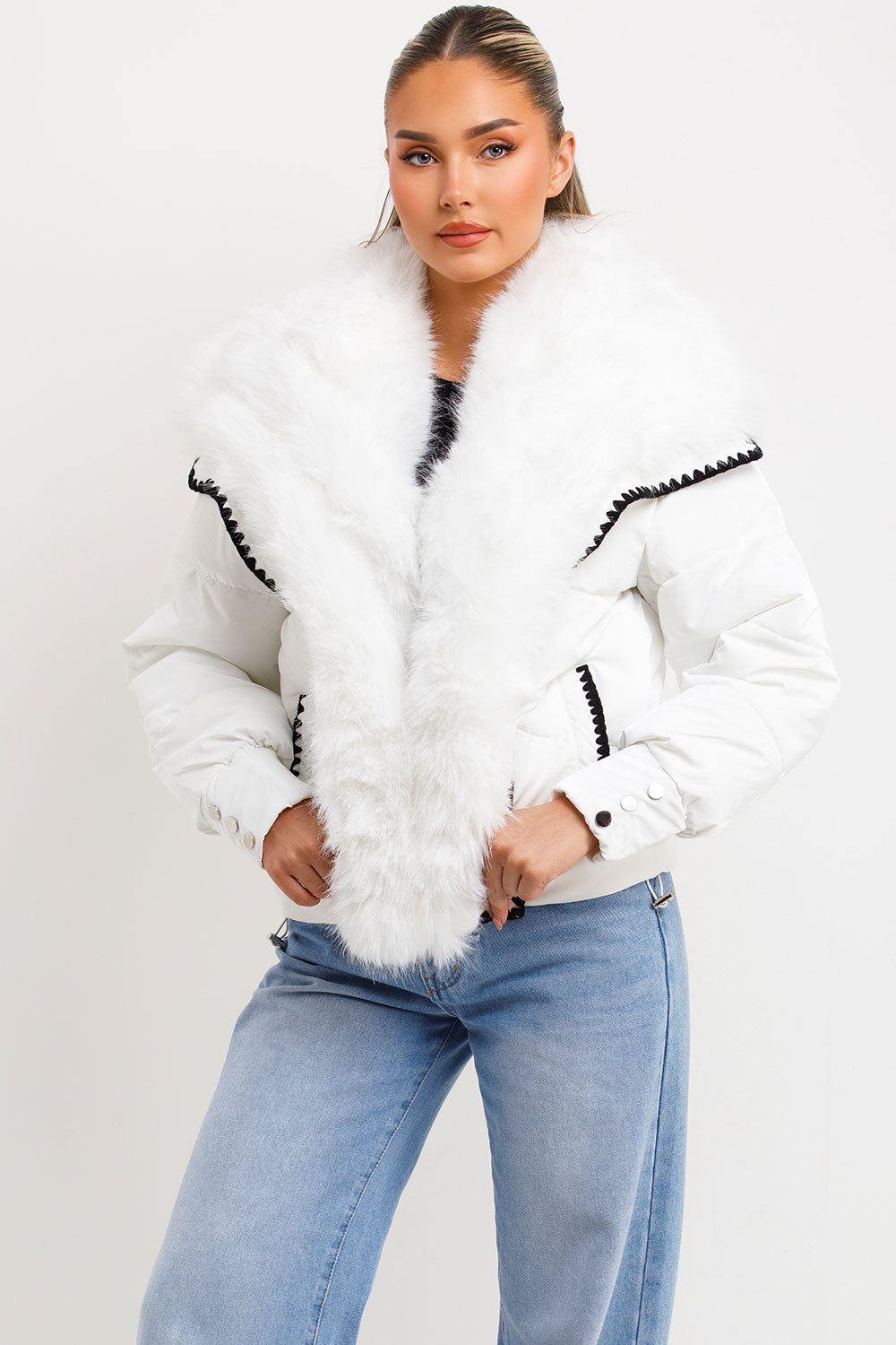 faux fur collar and trim puffer jacket womens outerwear