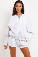 womens zip up bomber jacket and short tracksuit summer lounge set airport outfit styledup fashion