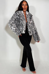 zara faux fur animal print jacket styled up