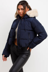 navy padded puffer faux fur hooded jacket for womens