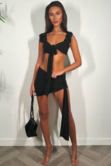 bikini top with ruffle ruched shoulder and mini drape skirt two piece set festival outfit